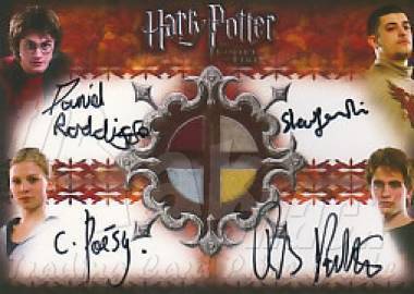 Quad Card; 4 autographs and 4 costume swatches of the Triwizard Champions Harry, Cedric, Fleur and Viktor - front