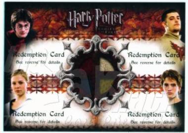 REDEMPTION Quad Card; 4 autographs and 4 costume swatches of the Triwizard Champions Harry, Cedric, Fleur and Viktor - front