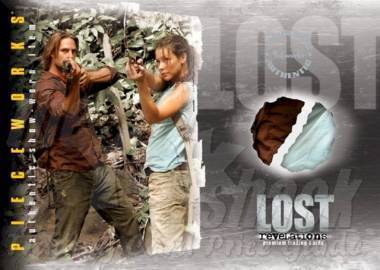 PW-9 Dual Costume Card: Shirt worn by Josh Holloway (Sawyer) and T-Shirt worn by Evangeline Lilly (Kate) - front